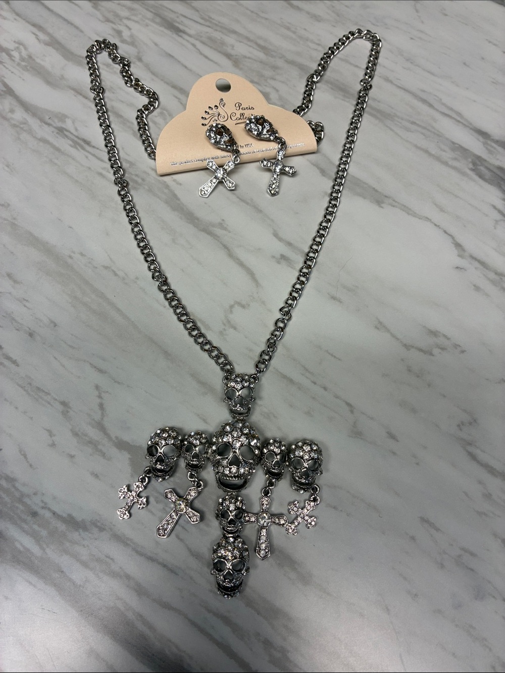 Silver Crystal Skull Cross Pendant Necklace - Women's Gothic Necklace
